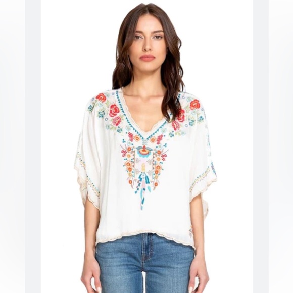 Johnny Was Tops - Johnny Was Klarah V-Neck Embroidered Georgette Top w/ Lace Trim